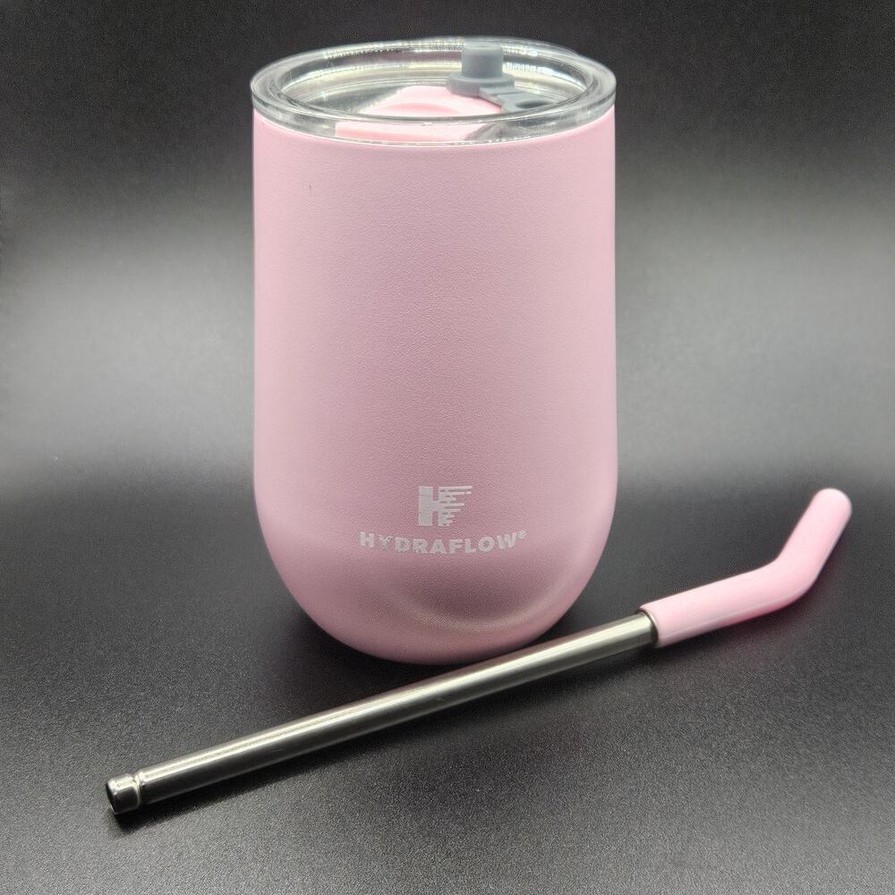 HydraFlow Pink Stainless Steel Insulated Wine Tumbler 12oz w/ Lid & Metal Straw